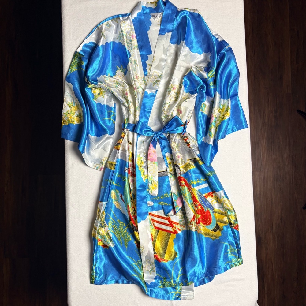 Rose Scenic Print Blue Satin Robe- Large